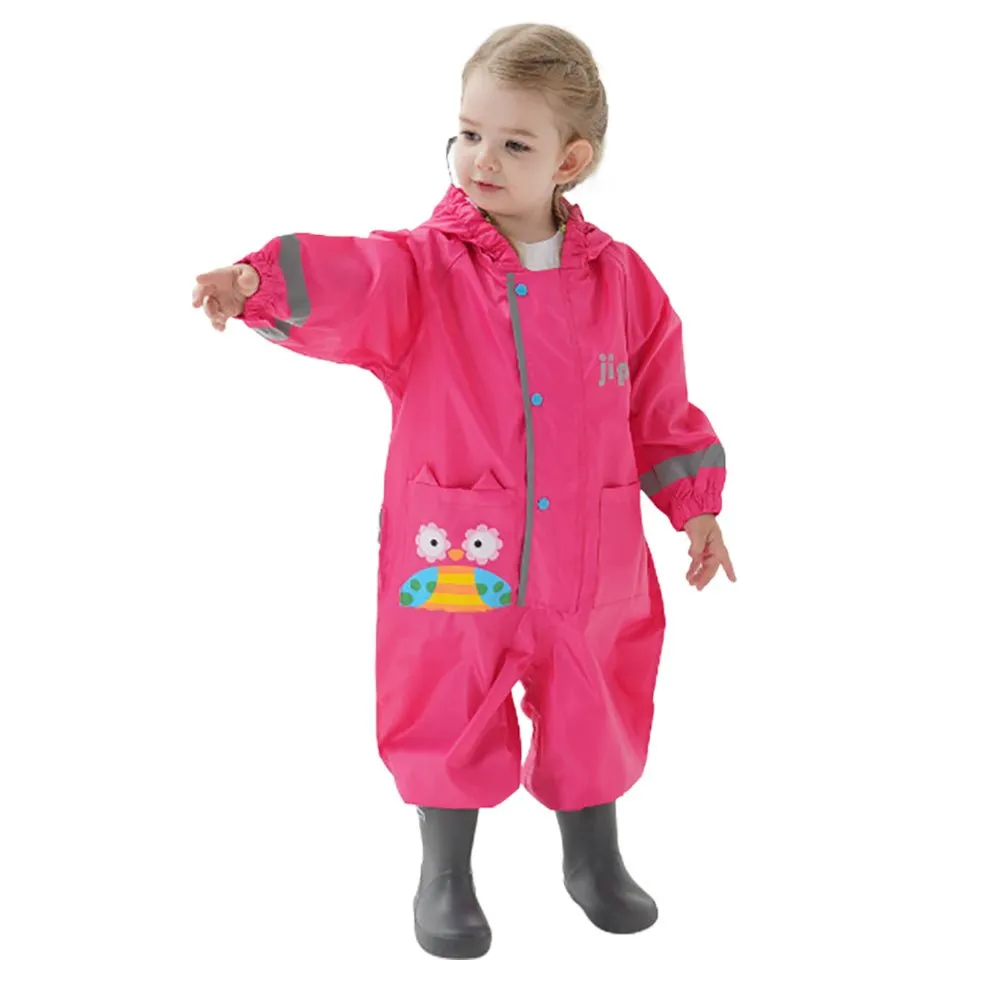 Fuchsia Pink Cute Owl Theme All Over Jumpsuit / Playsuit Raincoat for Kids