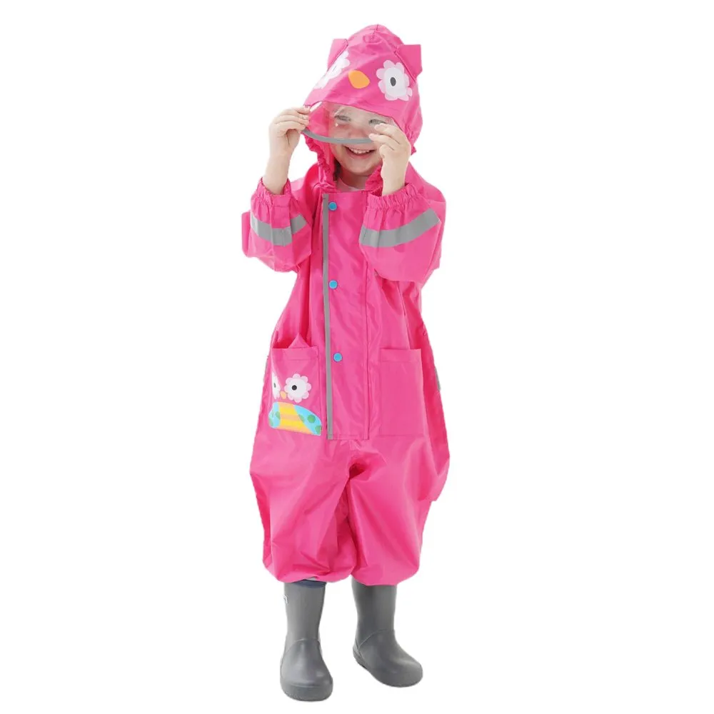 Fuchsia Pink Cute Owl Theme All Over Jumpsuit / Playsuit Raincoat for Kids