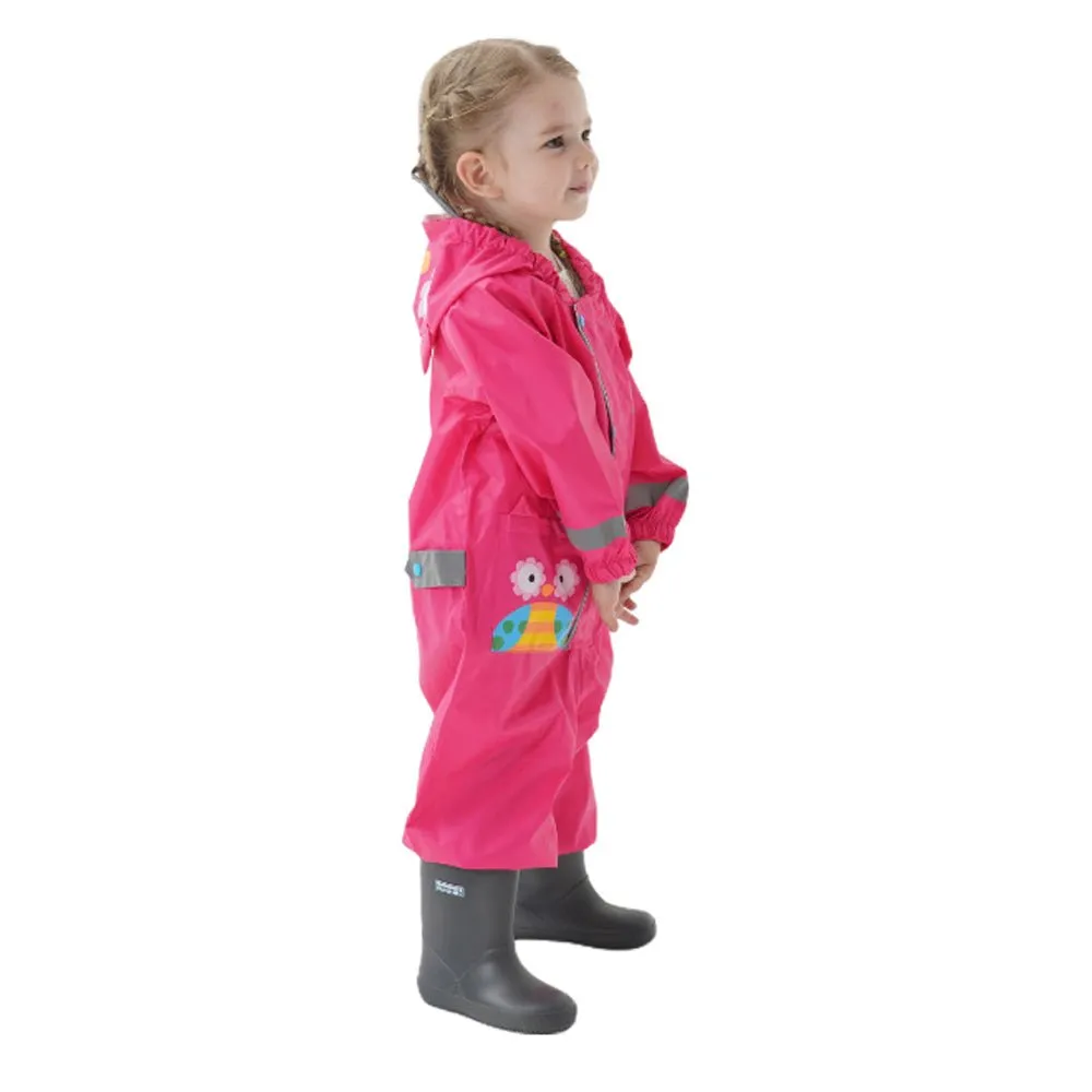 Fuchsia Pink Cute Owl Theme All Over Jumpsuit / Playsuit Raincoat for Kids