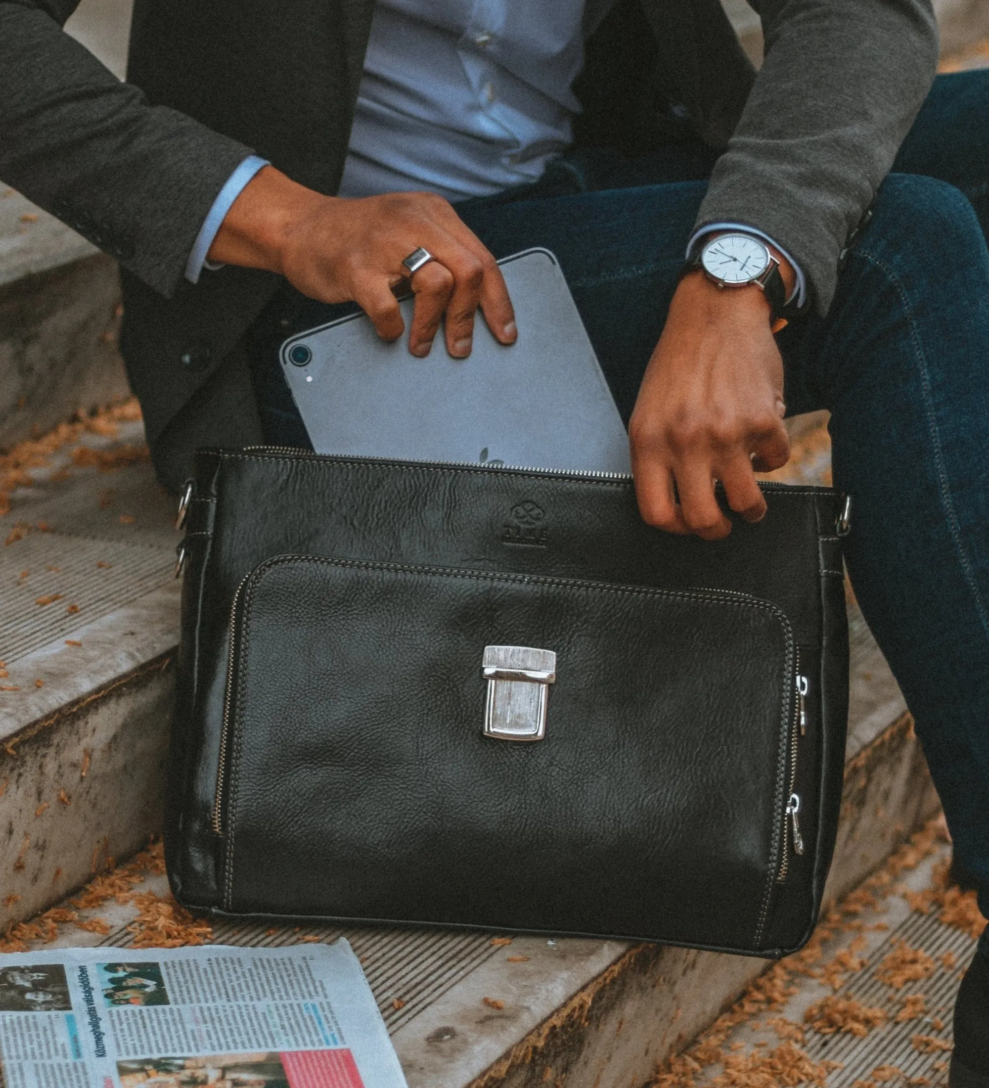 Full Grain Italian Leather Briefcase Laptop Bag  - In Cold Blood