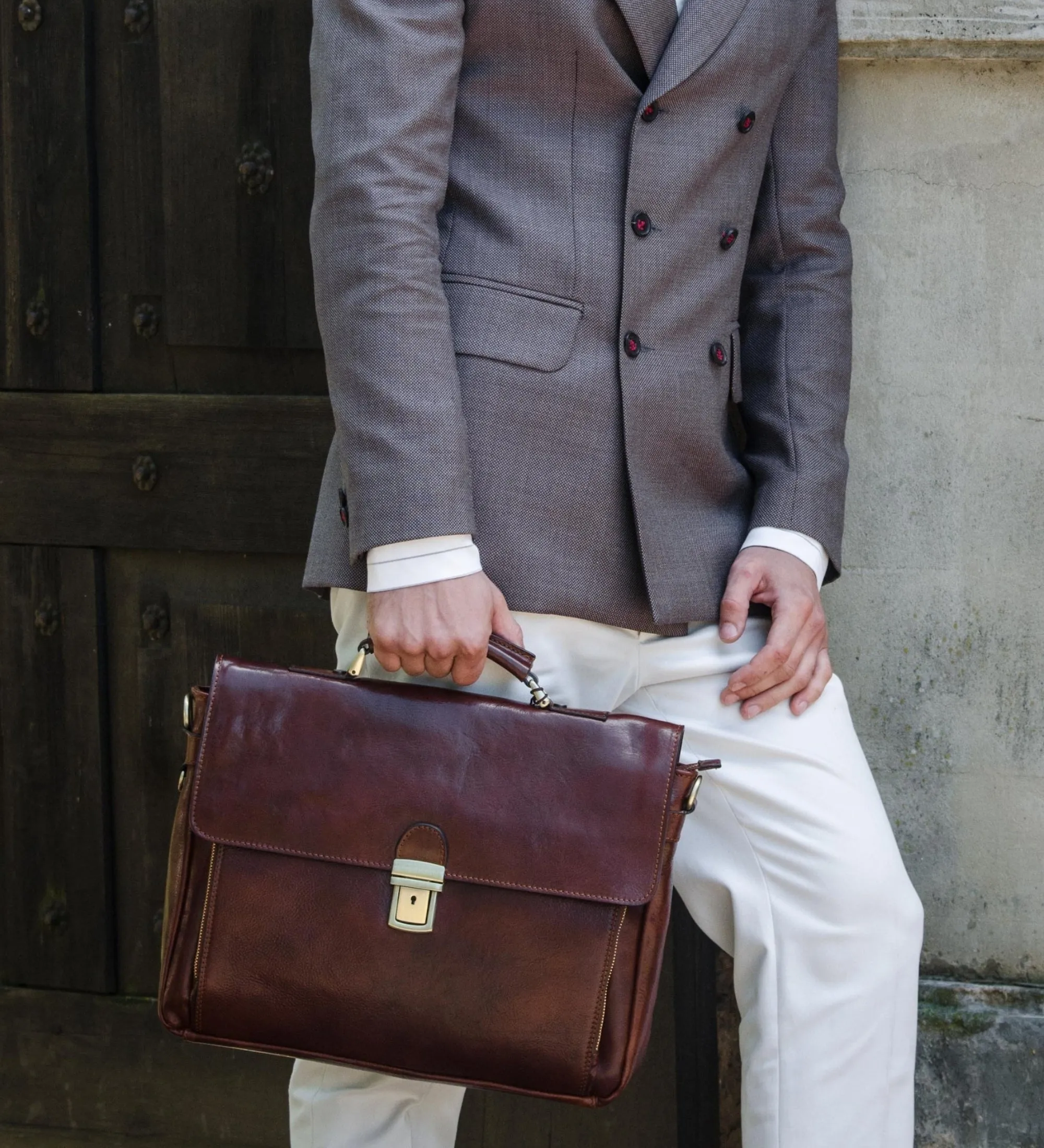 Full Grain Italian Leather Briefcase Laptop Bag  - In Cold Blood