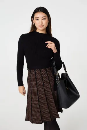 Geo Print Tie Waist Pleated Midi Jumper Dress