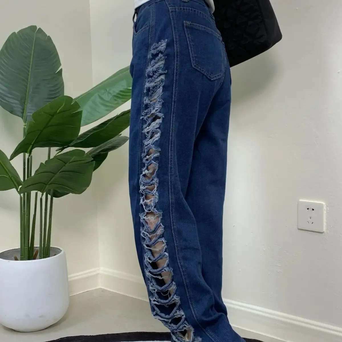 Girlary Blue denim women pants 2024 summer street fashion hollow flap openwork wide-leg straight jeans pants