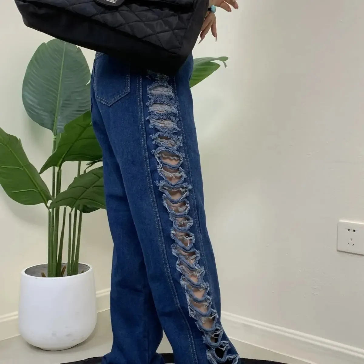 Girlary Blue denim women pants 2024 summer street fashion hollow flap openwork wide-leg straight jeans pants