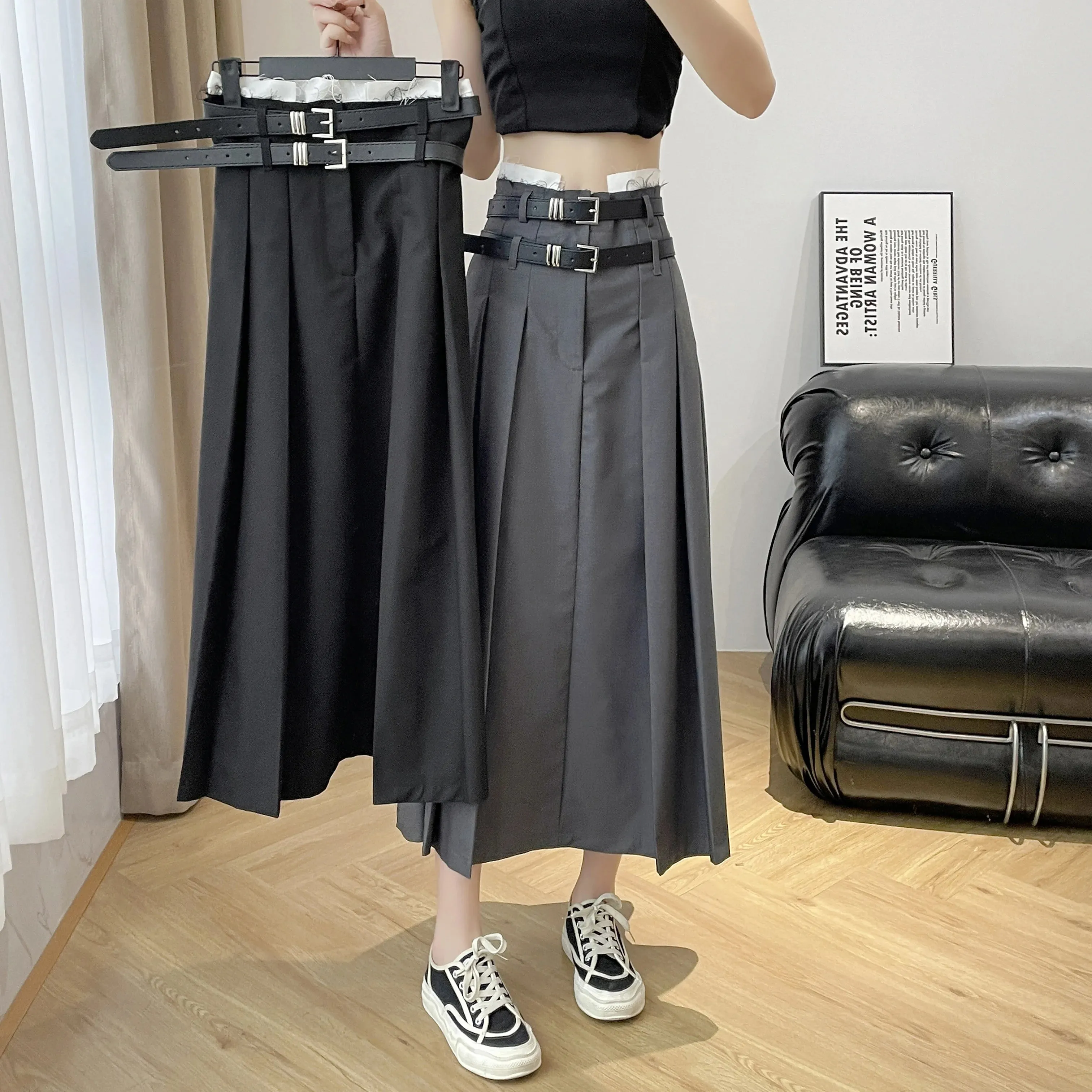 Girlary Solid Color Pleated Skirts Women Fashion High Waist Preppy Style Long Skirt Womens Korean Chic Street A-line Skirt Fall 2024