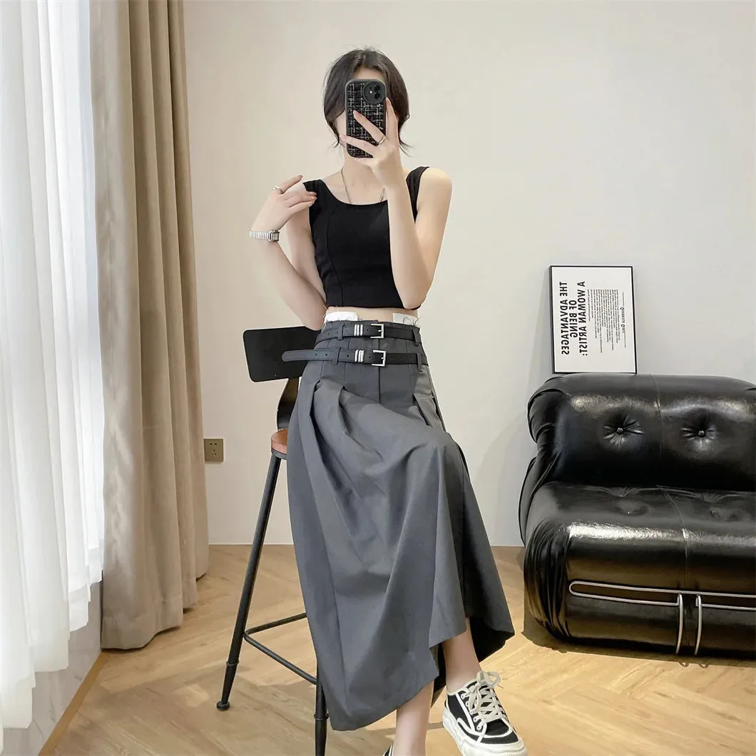 Girlary Solid Color Pleated Skirts Women Fashion High Waist Preppy Style Long Skirt Womens Korean Chic Street A-line Skirt Fall 2024