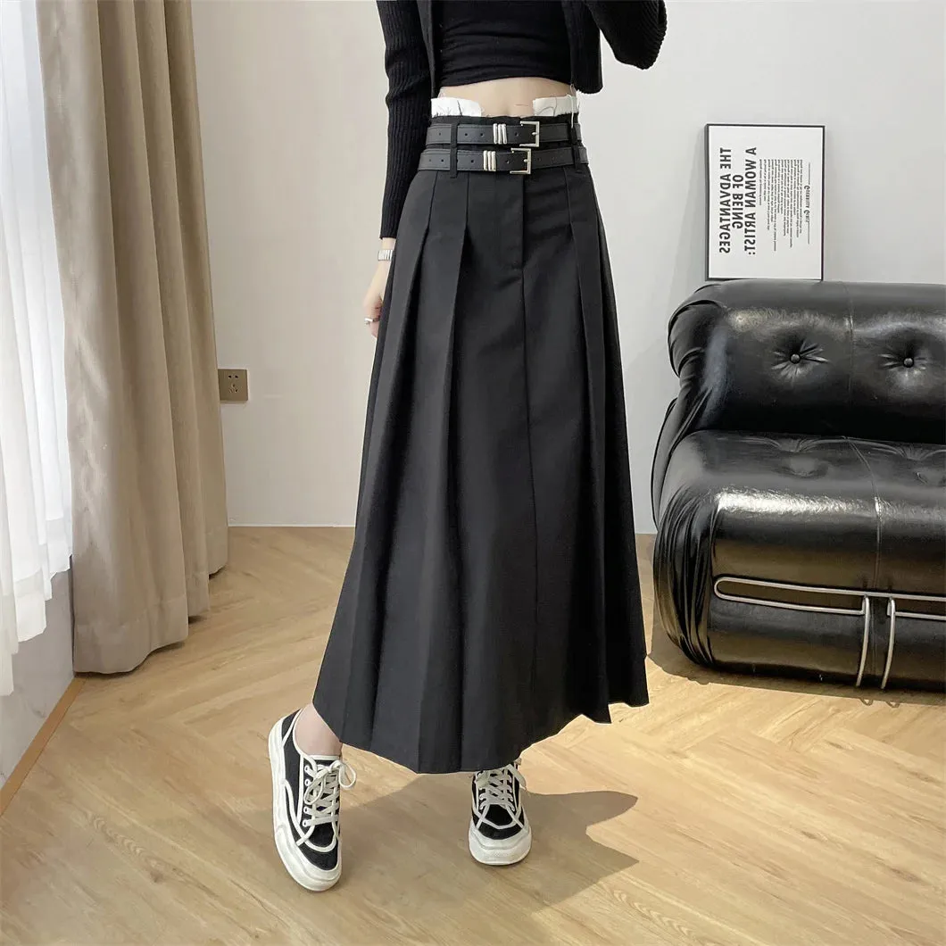 Girlary Solid Color Pleated Skirts Women Fashion High Waist Preppy Style Long Skirt Womens Korean Chic Street A-line Skirt Fall 2024