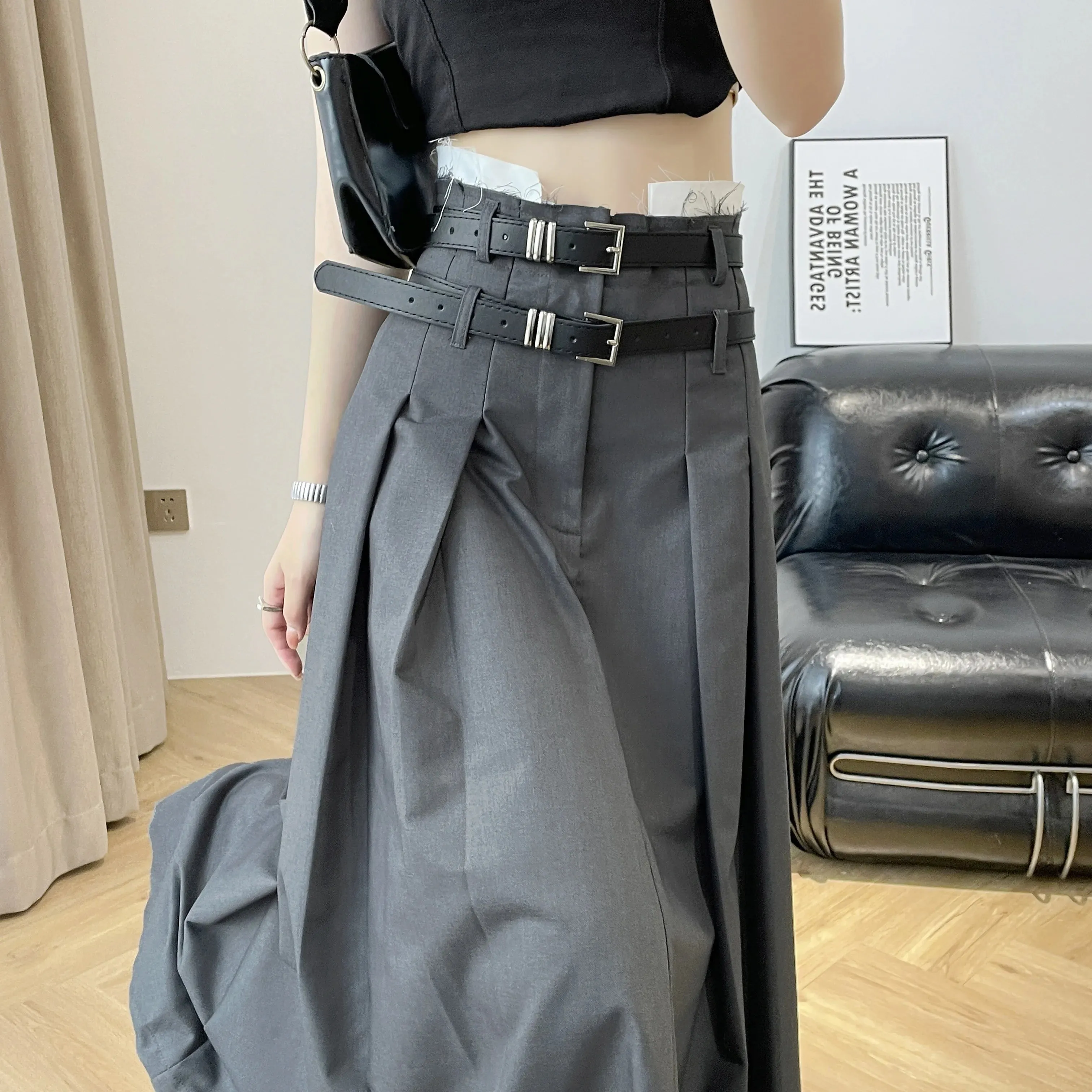 Girlary Solid Color Pleated Skirts Women Fashion High Waist Preppy Style Long Skirt Womens Korean Chic Street A-line Skirt Fall 2024