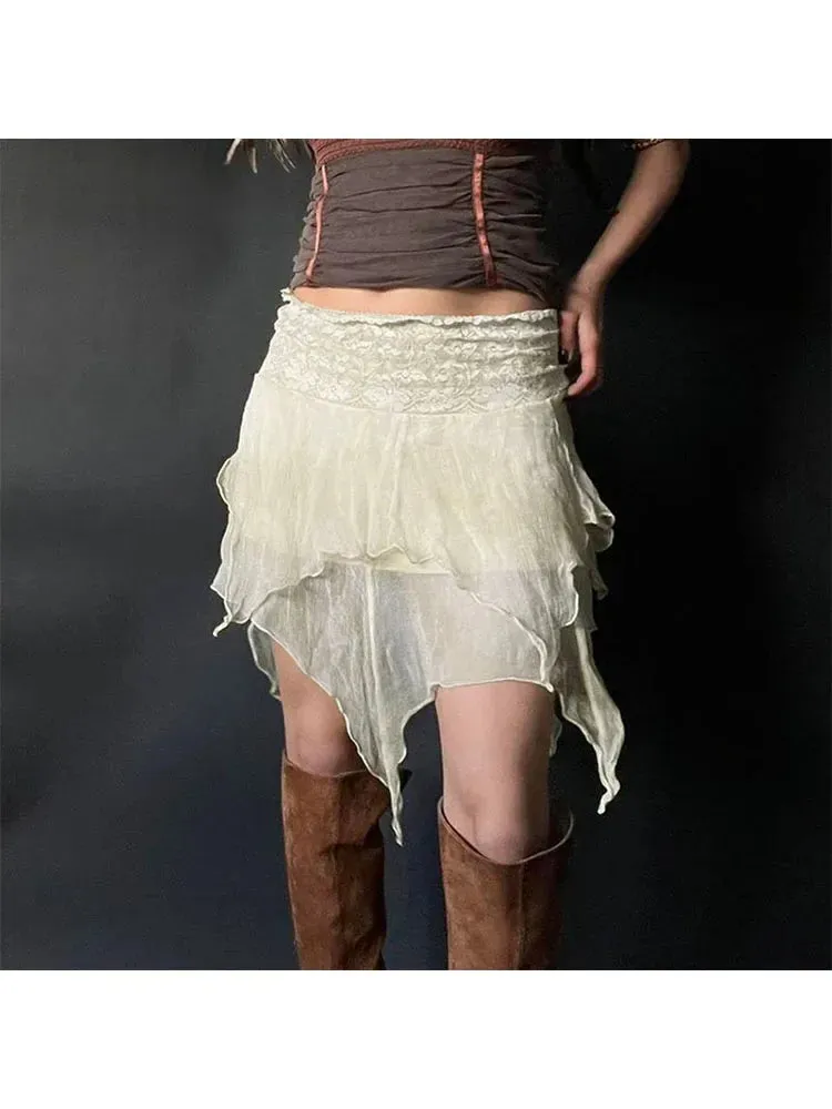 Girlary Woman Gauze Mini Loose Pleated Low Waist Skirt Knee Length A-line Asymmetrical Skirt Korean Chic Design Gyaru French Elegance