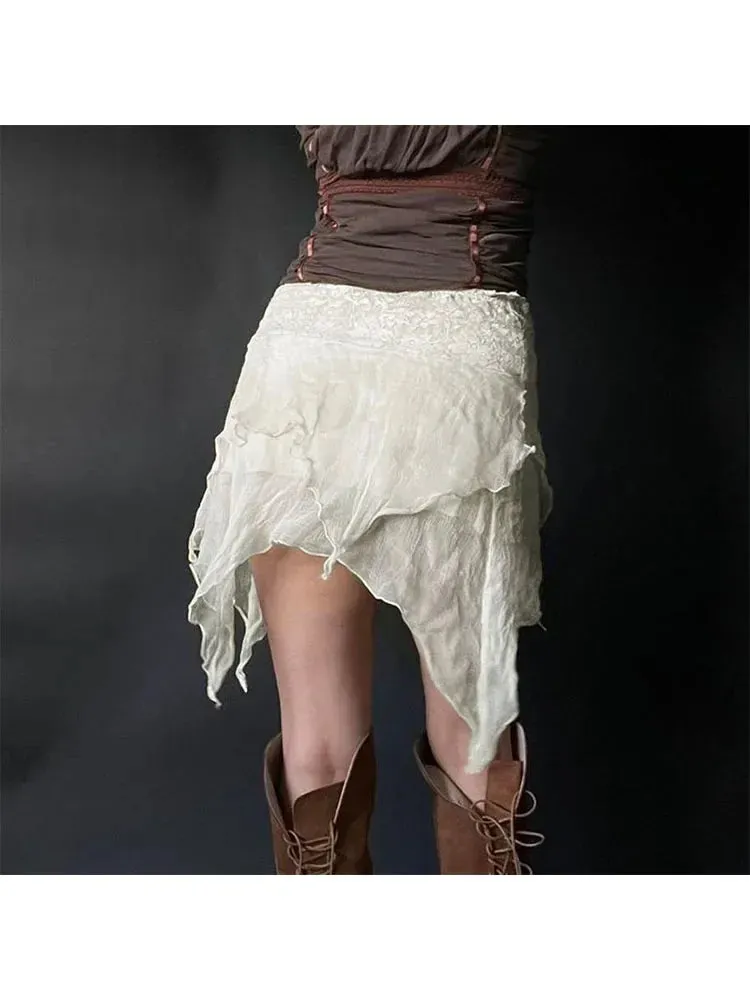 Girlary Woman Gauze Mini Loose Pleated Low Waist Skirt Knee Length A-line Asymmetrical Skirt Korean Chic Design Gyaru French Elegance