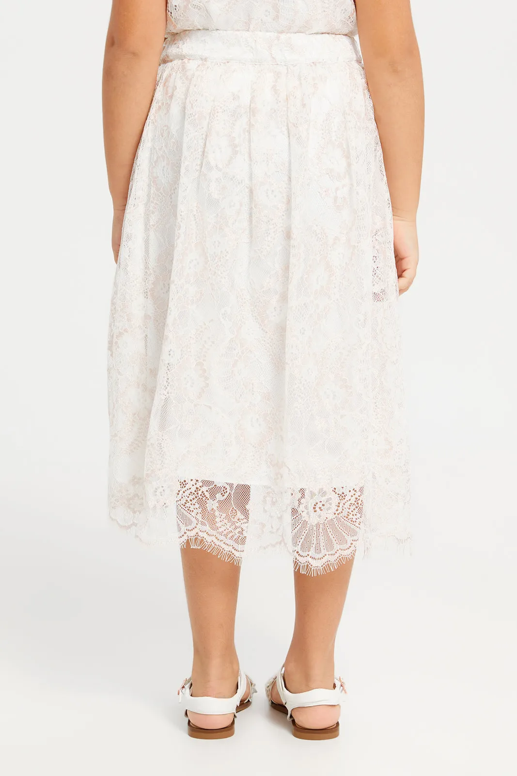 Girls Cream Lace Midi Length Skirt