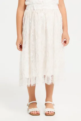 Girls Cream Lace Midi Length Skirt