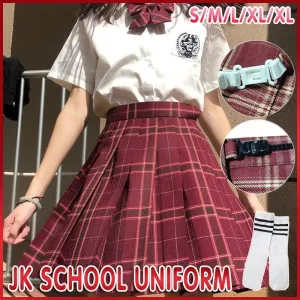 Girls Red Tartan Plaid Pleated Skirt Uniform Set