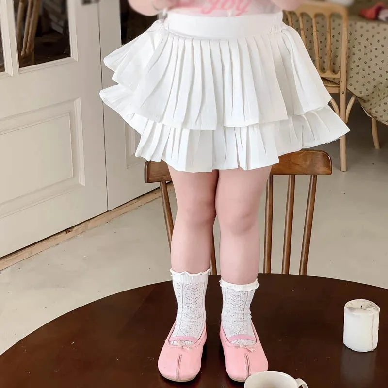 Girls' Stylish Ruffled Skirt Cotton Solid Color Girls' Summer Layered Skirt Elastic Waist Princess Skirt Girls' Sweet Skirt