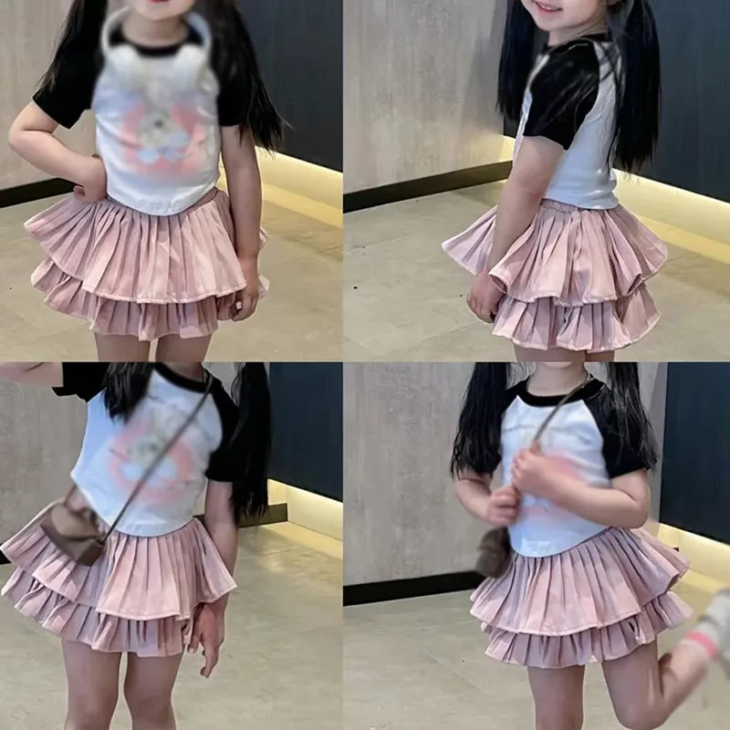 Girls' Stylish Ruffled Skirt Cotton Solid Color Girls' Summer Layered Skirt Elastic Waist Princess Skirt Girls' Sweet Skirt