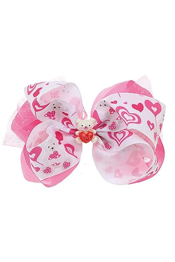 Girls Valentines Day Bear Heart Hair Bow Pink/White 6"