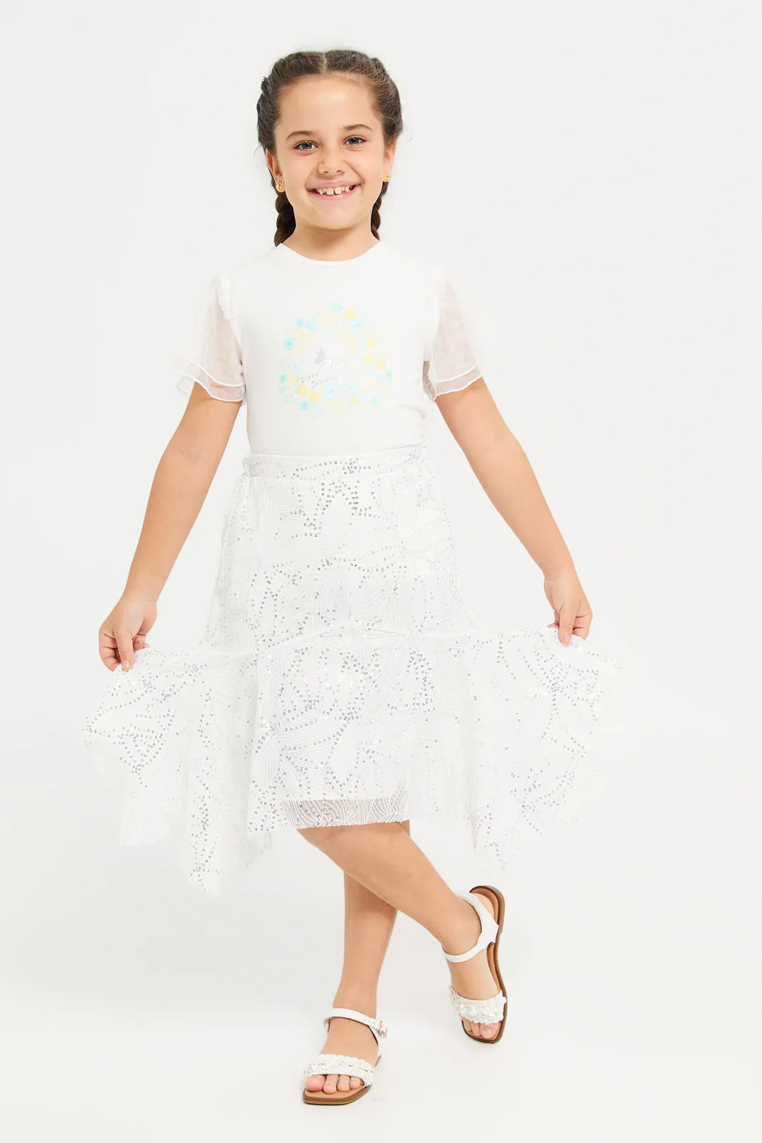 Girls White Embellished Sequin Skirt