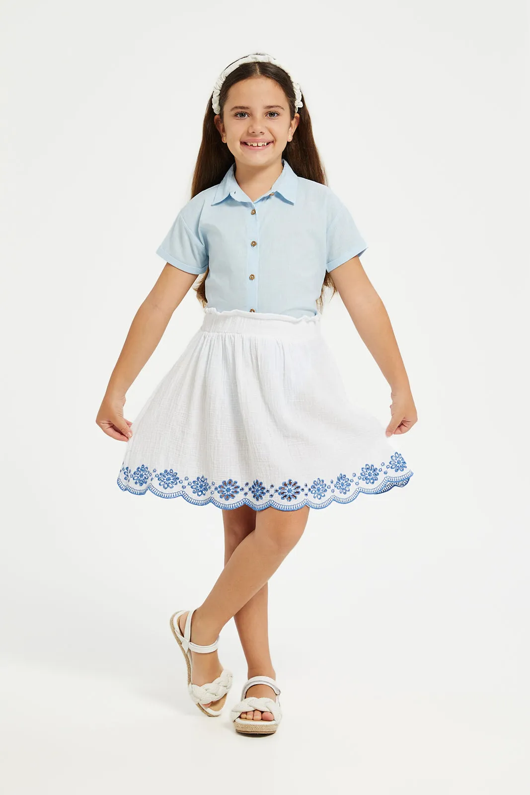 Girls White Gauze Embroidered Skirt