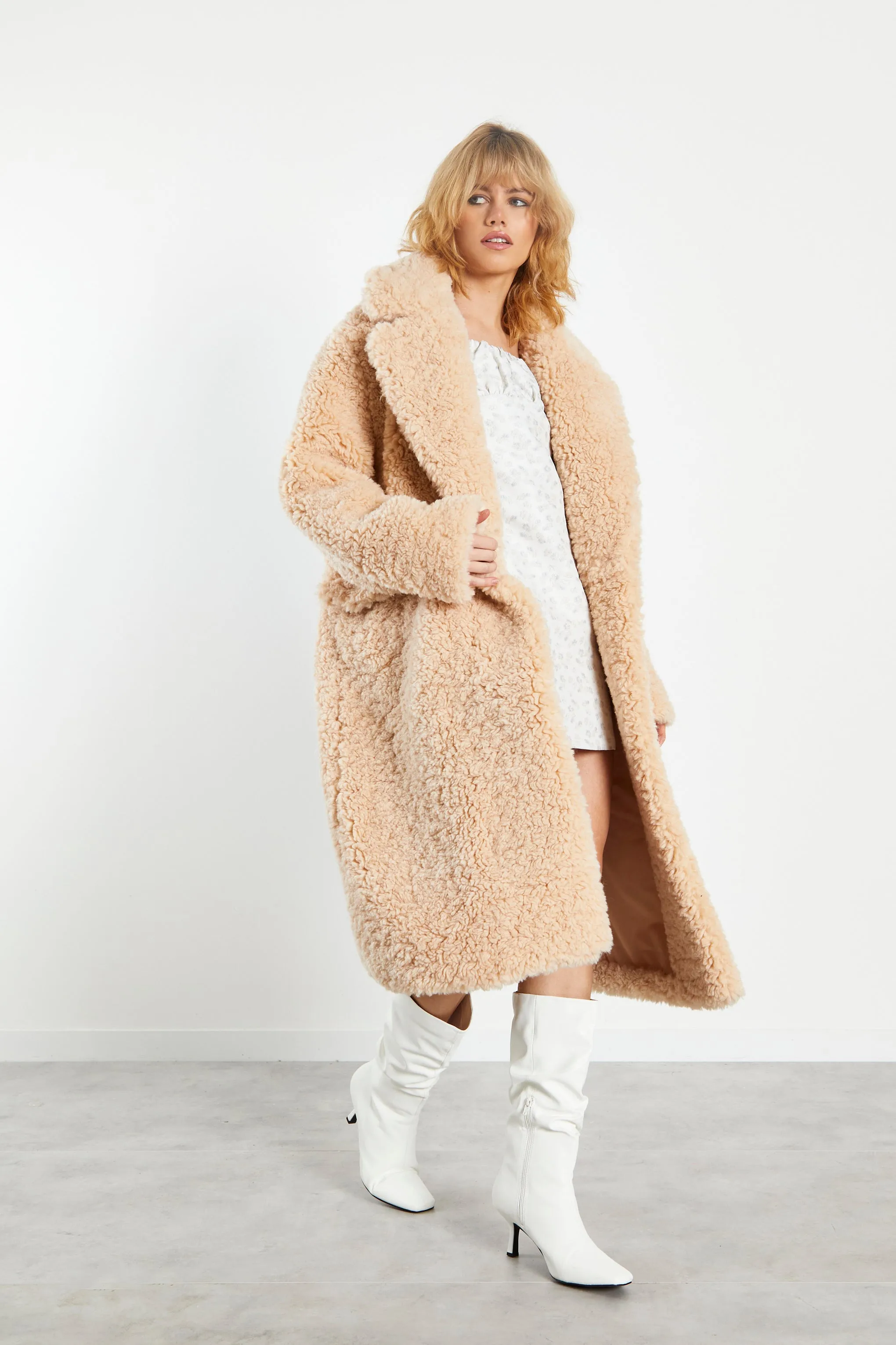 Glamorous Dark Cream Midi Lapel Collar Curly Fur Coat