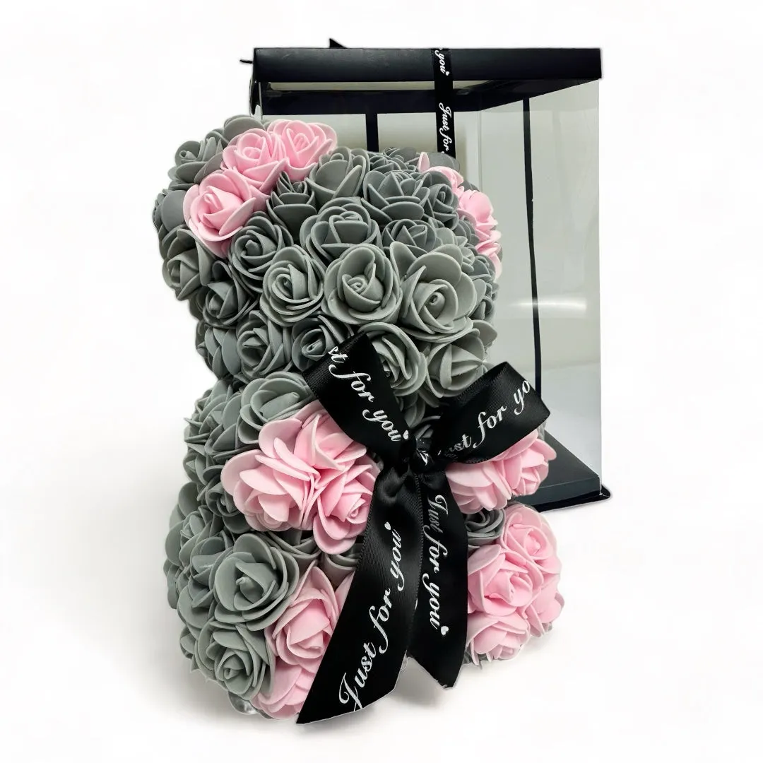 Gorgeous Grey n Pink Rose Teddy Bear with LED Light and Gift Box - 25cm