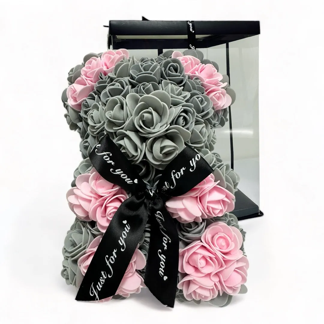 Gorgeous Grey n Pink Rose Teddy Bear with LED Light and Gift Box - 25cm