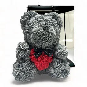 Gorgeous Grey Rose Teddy Bear Hugging Heart with LED Light and Gift Box - 40cm