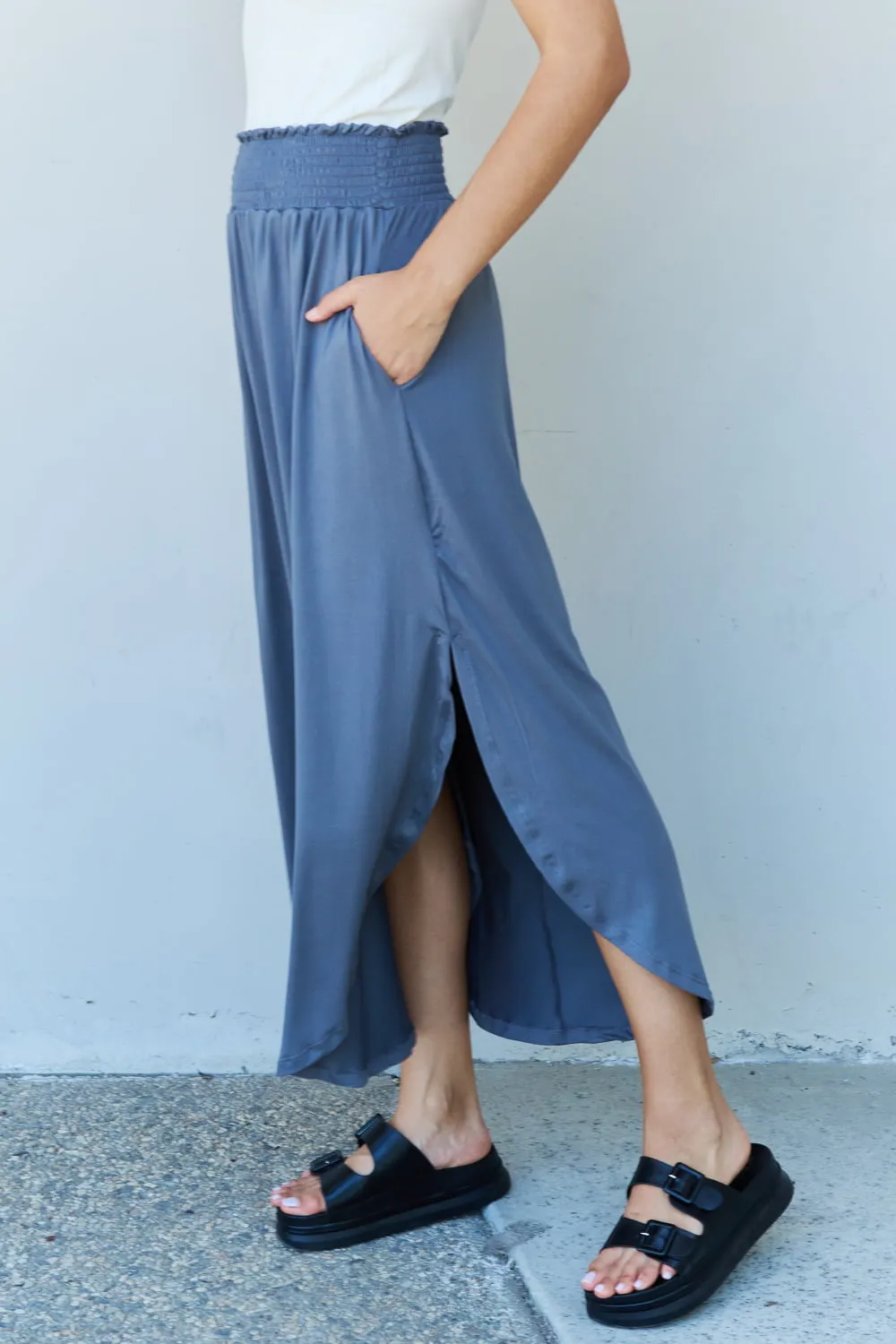 High Waist Scoop Hem Maxi Skirt in Dusty Blue