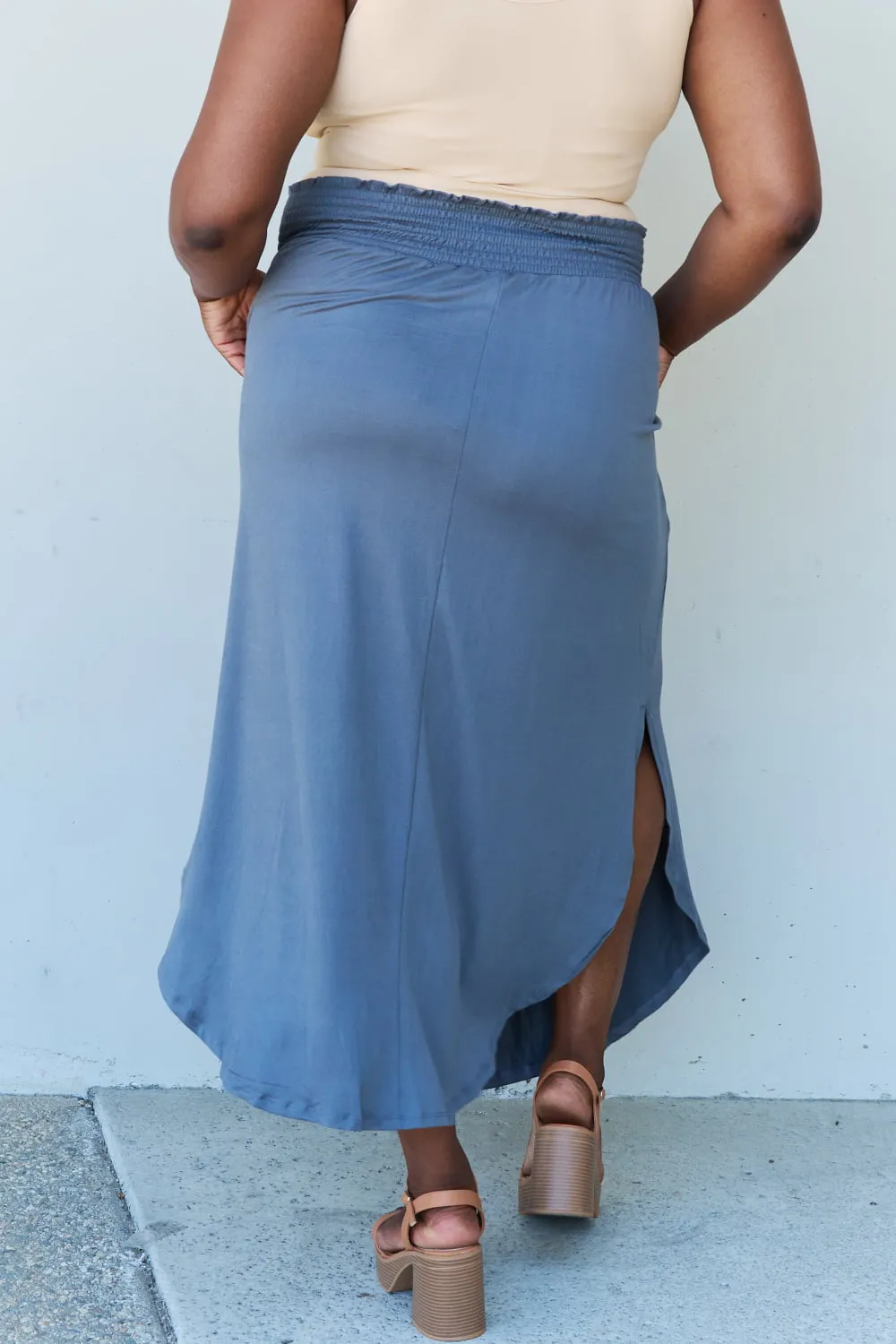 High Waist Scoop Hem Maxi Skirt in Dusty Blue