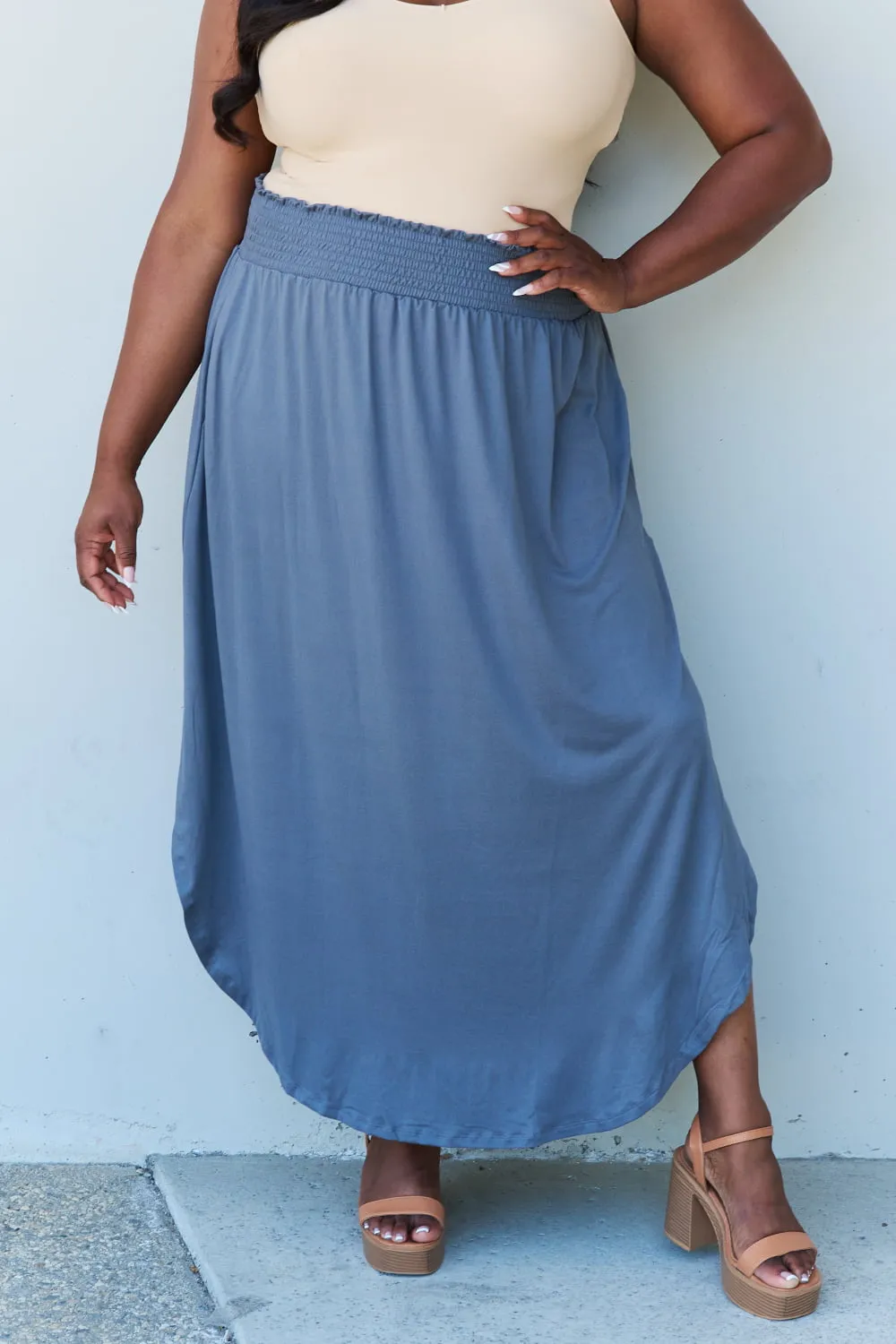 High Waist Scoop Hem Maxi Skirt in Dusty Blue