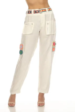 Johnny Was Biya White Pintora Crochet Belted Cargo Pants Boho Chic B66223