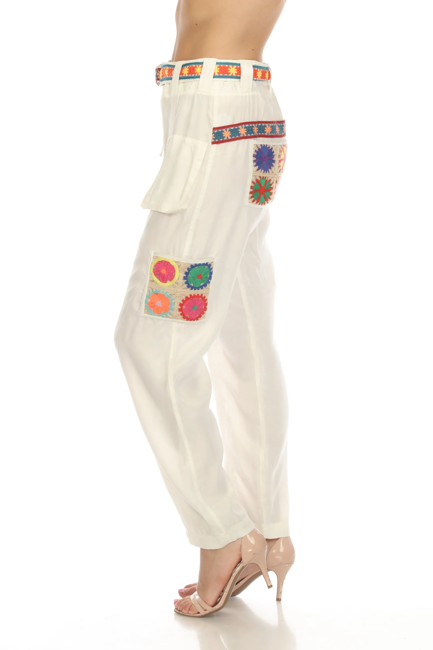 Johnny Was Biya White Pintora Crochet Belted Cargo Pants Boho Chic B66223