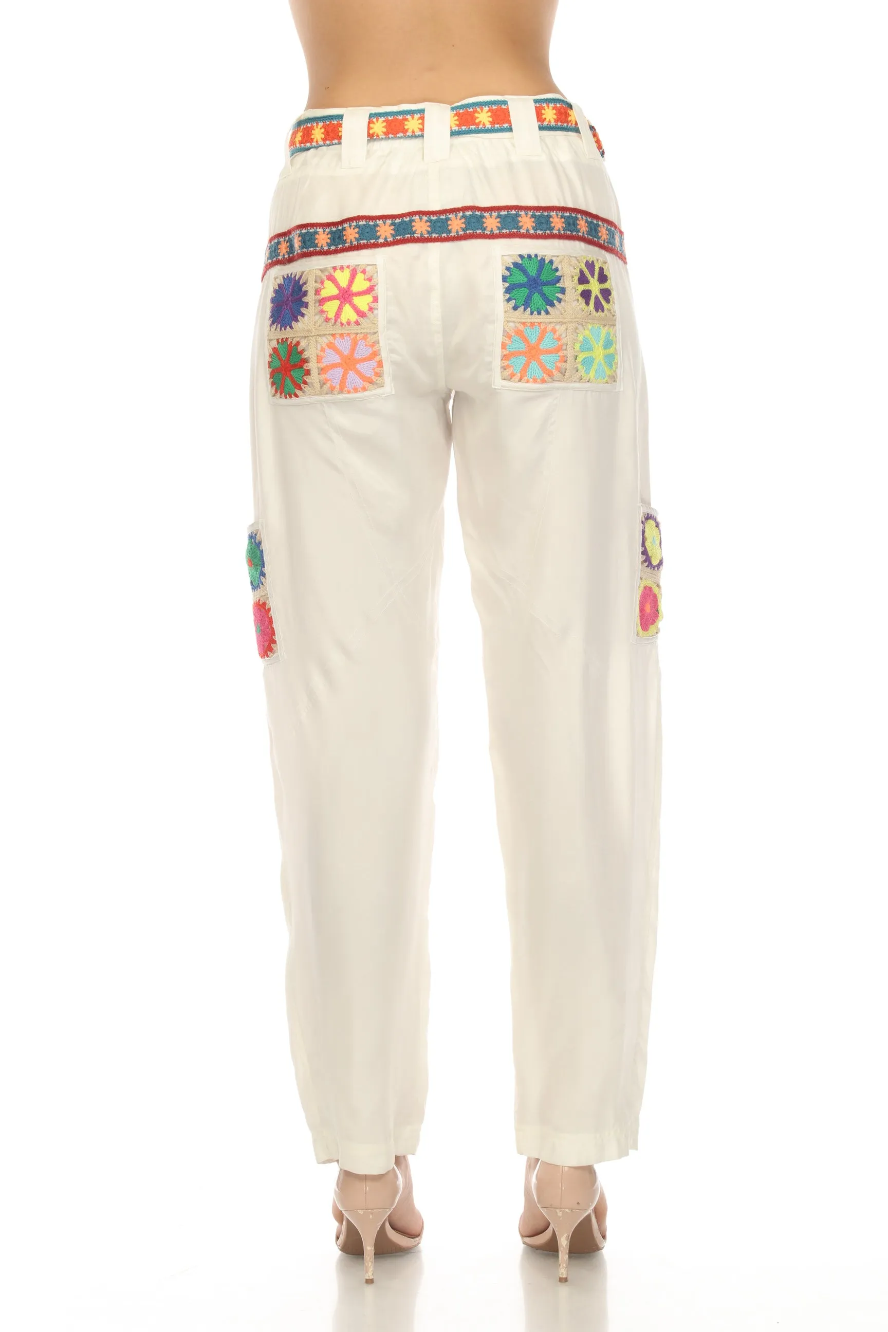 Johnny Was Biya White Pintora Crochet Belted Cargo Pants Boho Chic B66223