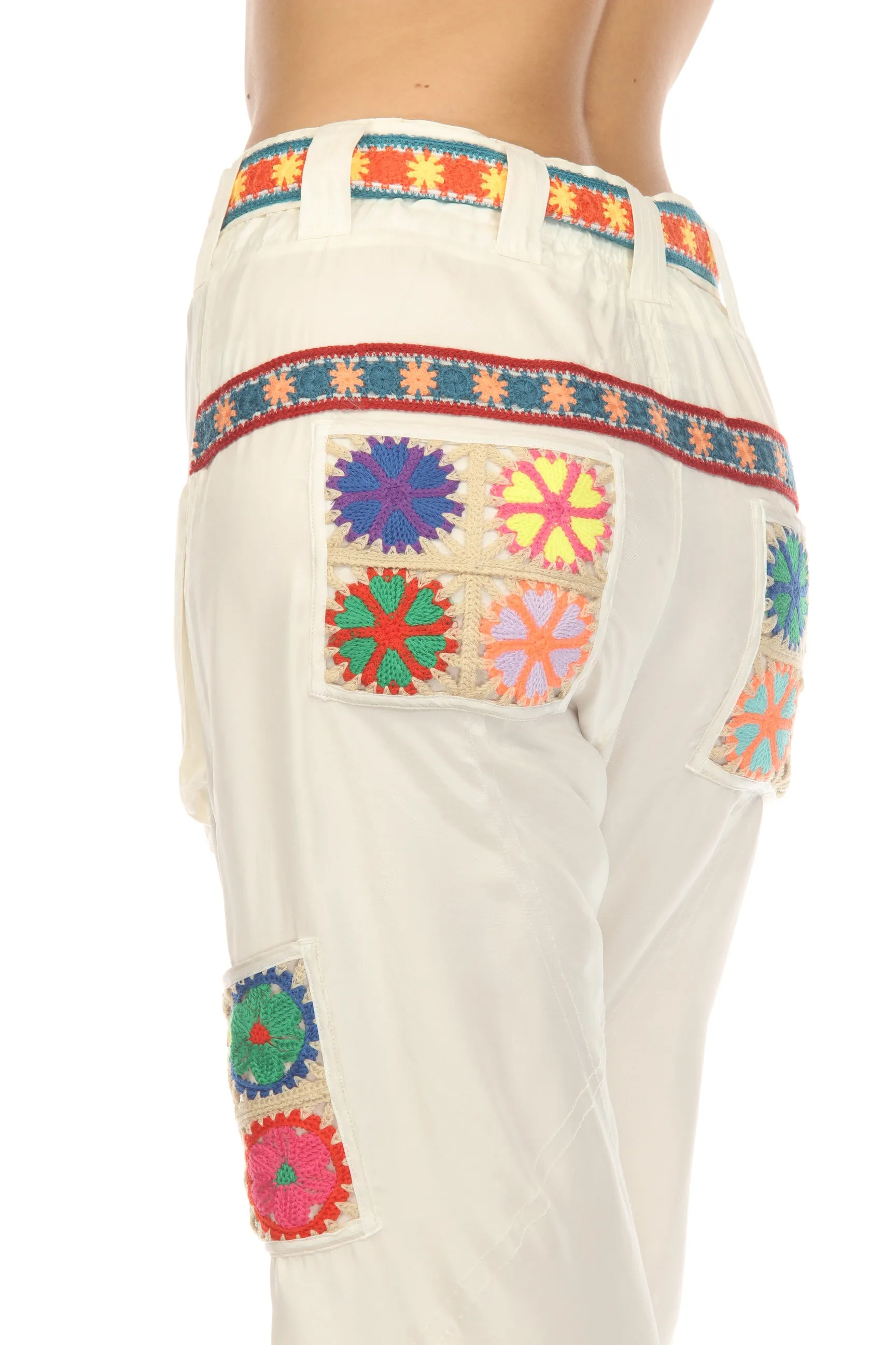 Johnny Was Biya White Pintora Crochet Belted Cargo Pants Boho Chic B66223