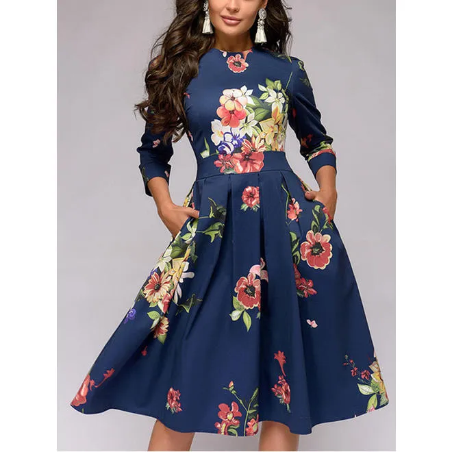 Ketty More Women Magnificent Round Neck Floral Printed Pleated Breathable Dress-KMWDC5144