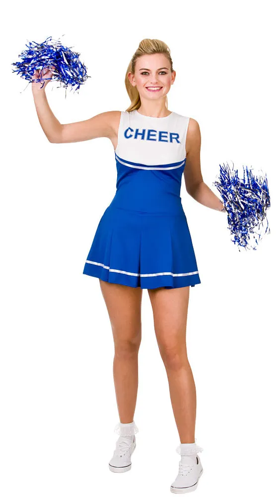 Ladies Sports Blue & White Cheerleader Fancy Dress Costume