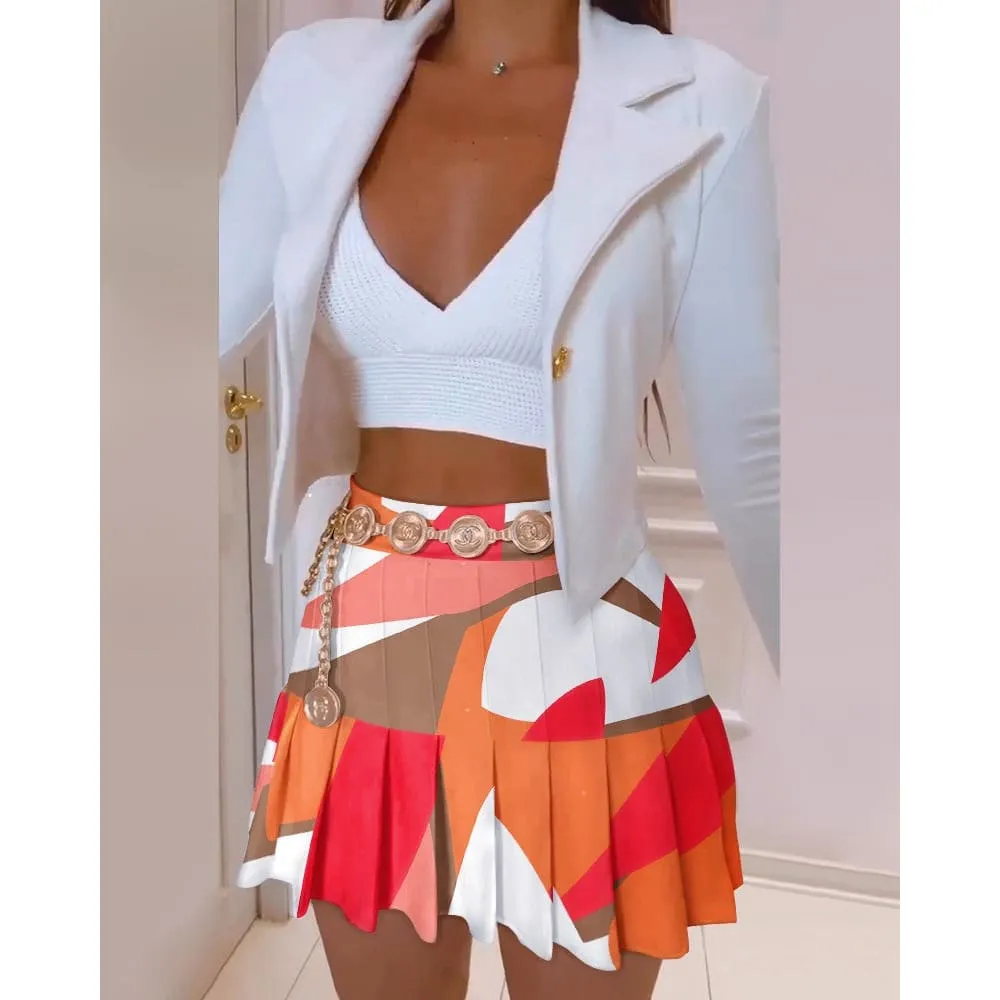 Lapel Collar Single Breasted Crop Blazer & Pleated Mini Skirt