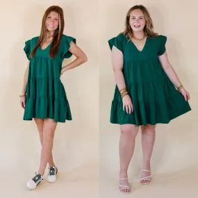 Last Chance Size Medium | Delightful Endeavor Ruffle Cap Sleeve Tiered Dress in Hunter Green