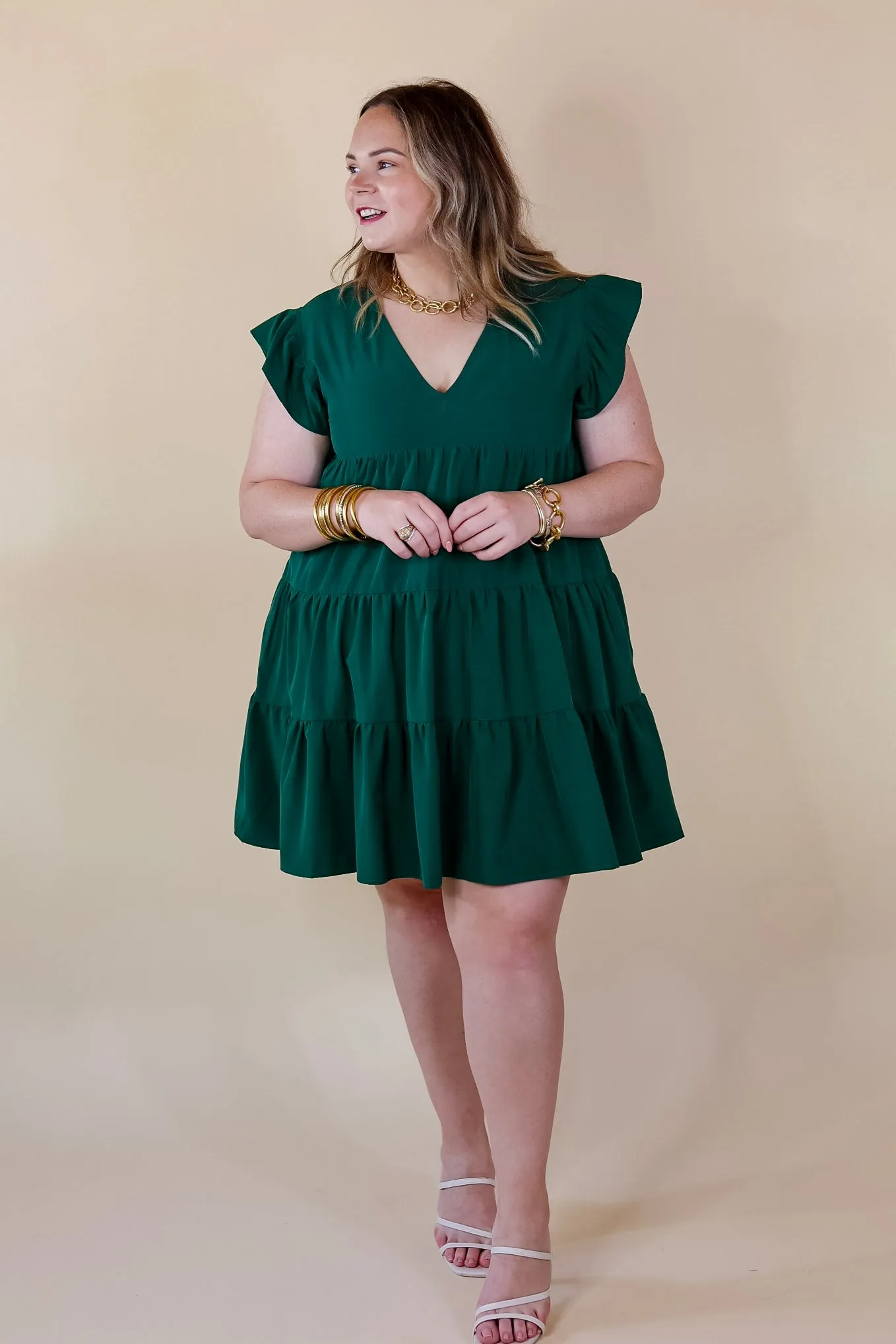 Last Chance Size Medium | Delightful Endeavor Ruffle Cap Sleeve Tiered Dress in Hunter Green