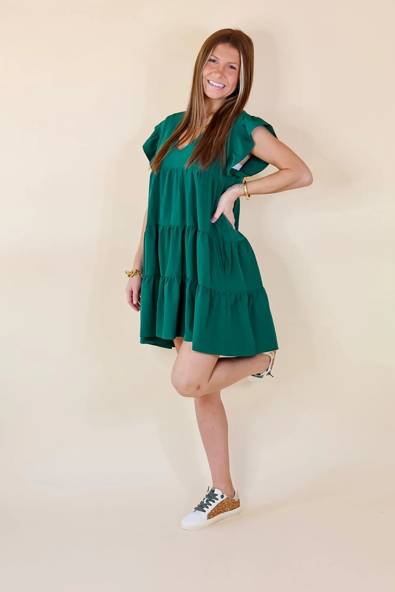 Last Chance Size Medium | Delightful Endeavor Ruffle Cap Sleeve Tiered Dress in Hunter Green