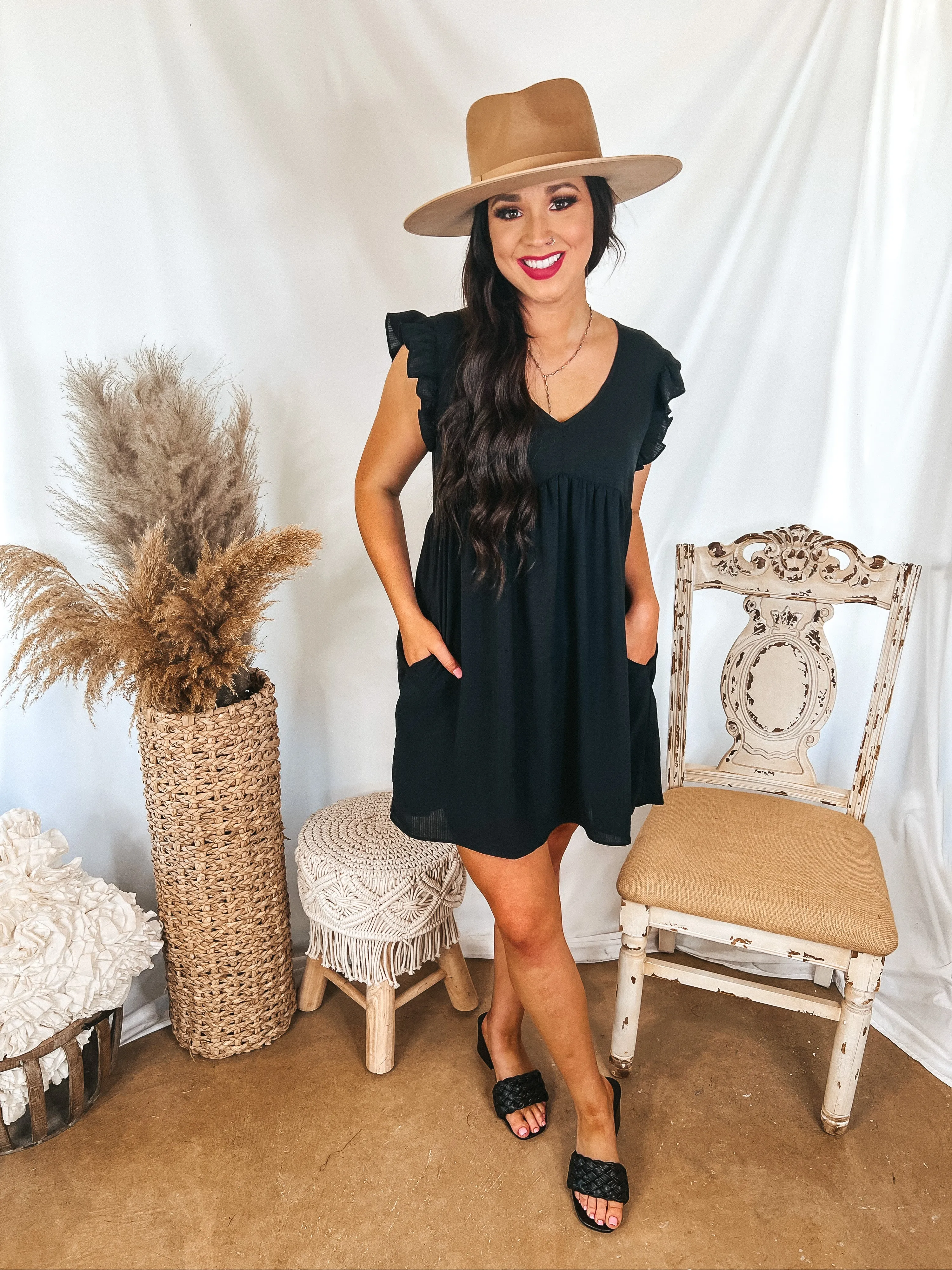 Last Chance Size Small | Capture Your Attention V Neck Dress with Ruffle Cap Sleeves in Black