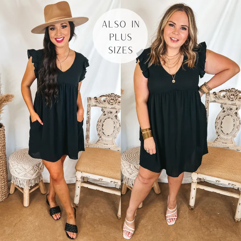 Last Chance Size Small | Capture Your Attention V Neck Dress with Ruffle Cap Sleeves in Black