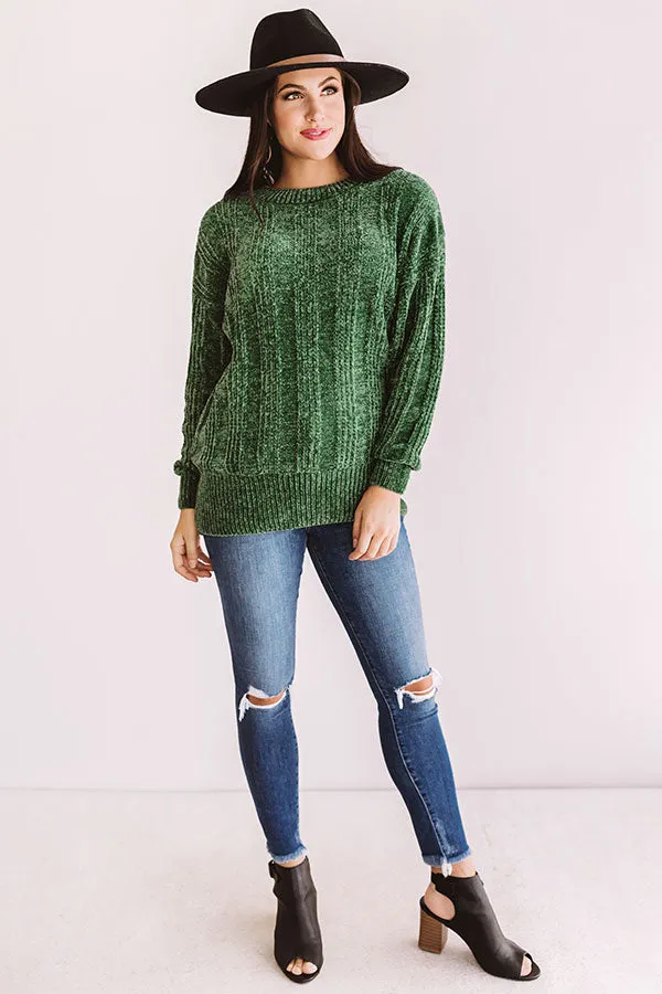 Lattes And Snuggles Cable Knit Chenille Sweater In Olive