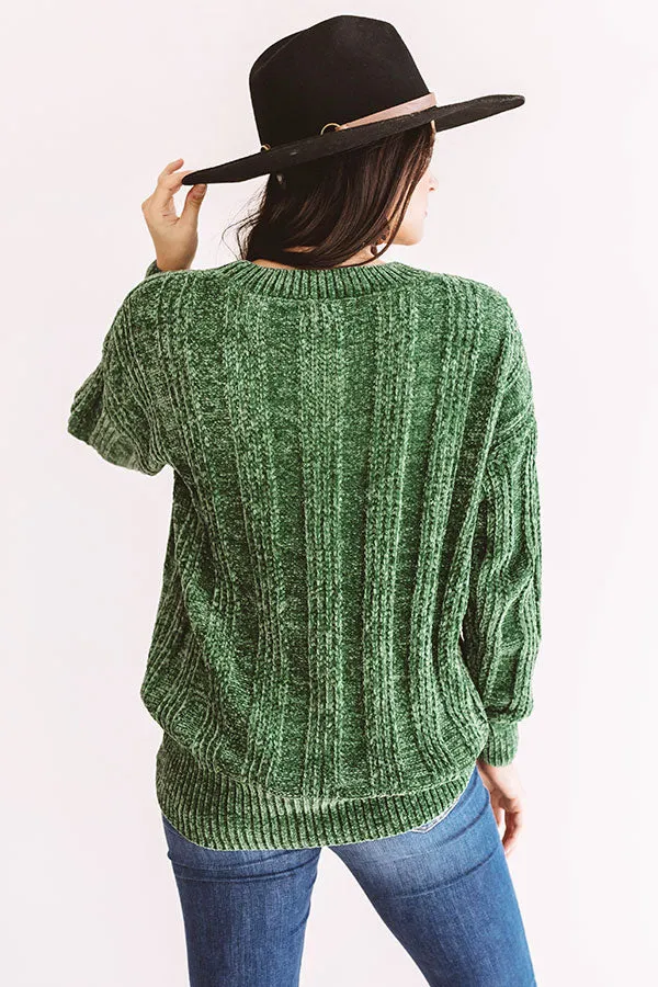 Lattes And Snuggles Cable Knit Chenille Sweater In Olive