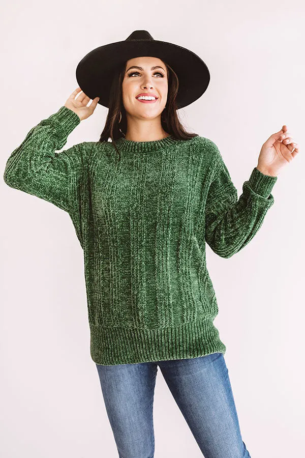 Lattes And Snuggles Cable Knit Chenille Sweater In Olive