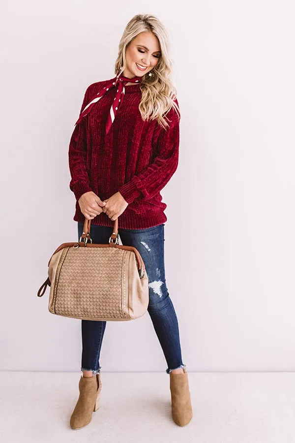 Lattes And Snuggles Cable Knit Chenille Sweater In Wine