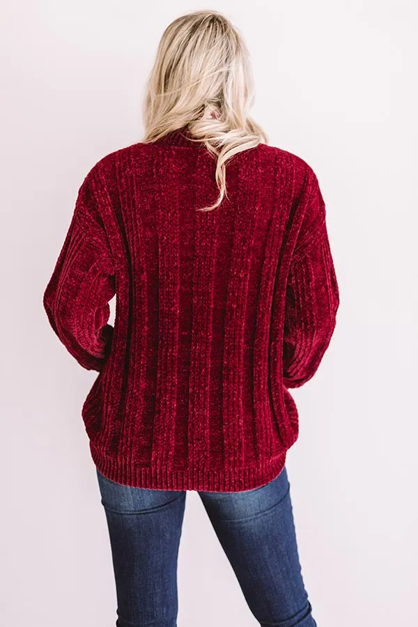 Lattes And Snuggles Cable Knit Chenille Sweater In Wine