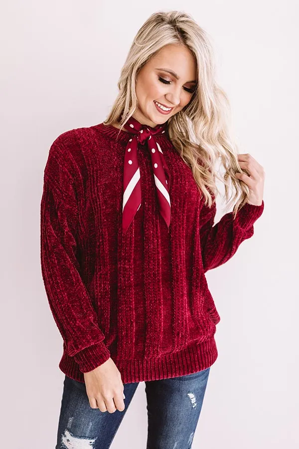 Lattes And Snuggles Cable Knit Chenille Sweater In Wine