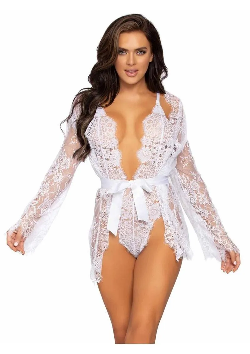 Leg Avenue Floral Lace Teddy with Adjustable Straps and Cheeky Thong Back Matching Lace Robe with Scalloped Trim and Satin Tie