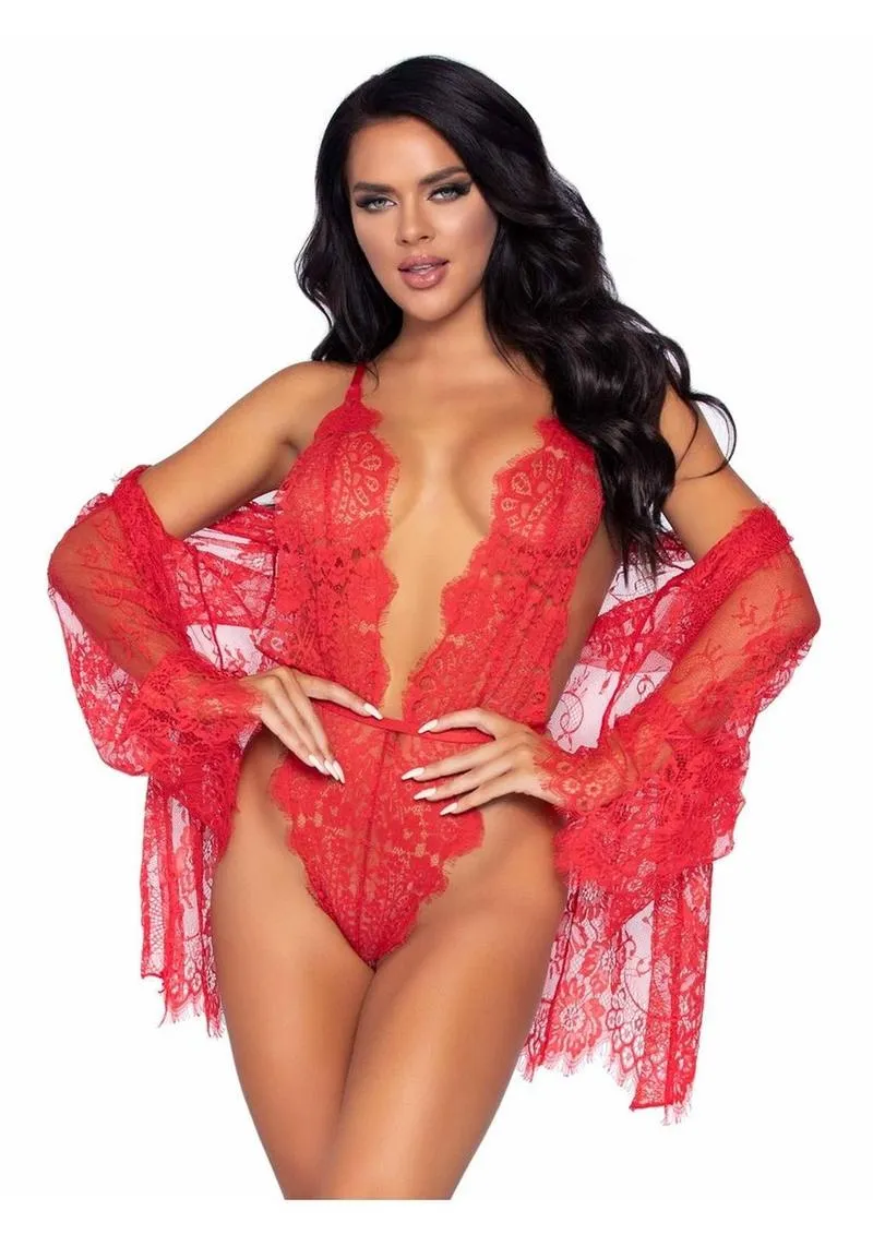 Leg Avenue Floral Lace Teddy with Adjustable Straps and Cheeky Thong Back Matching Lace Robe with Scalloped Trim and Satin Tie