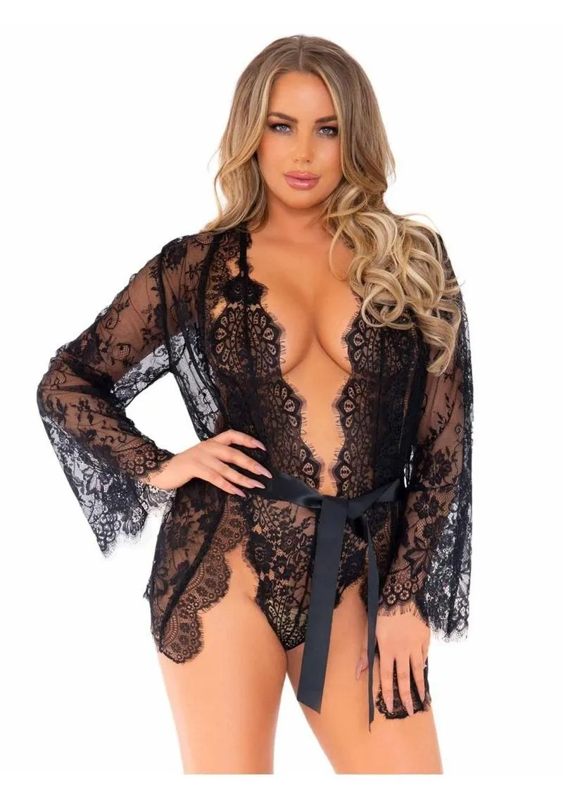 Leg Avenue Floral Lace Teddy with Adjustable Straps and Cheeky Thong Back Matching Lace Robe with Scalloped Trim and Satin Tie